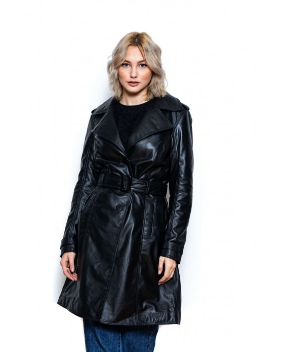 TrenchCoat  Γυναικεία Δερμάτινη Καμπαρντίνα  Μαύρη