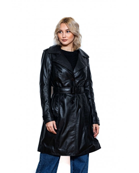 TrenchCoat  Γυναικεία Δερμάτινη Καμπαρντίνα  Μαύρη