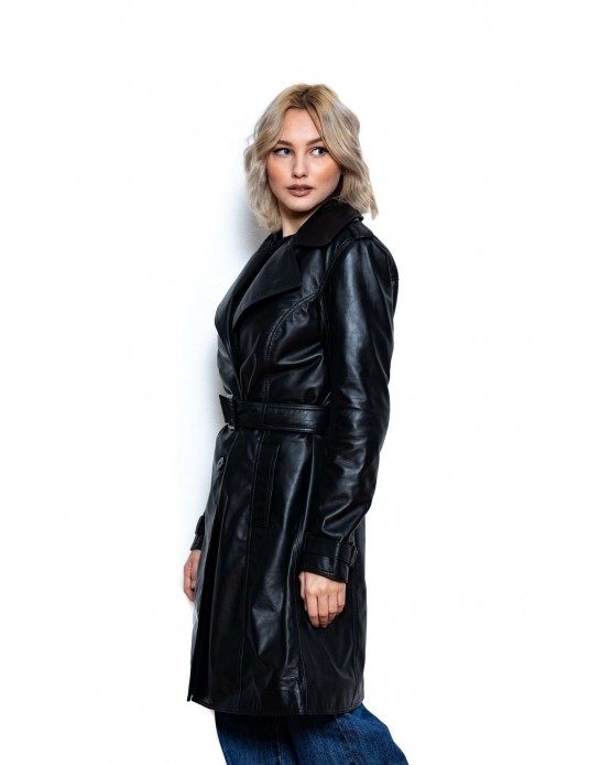 TrenchCoat  Γυναικεία Δερμάτινη Καμπαρντίνα  Μαύρη