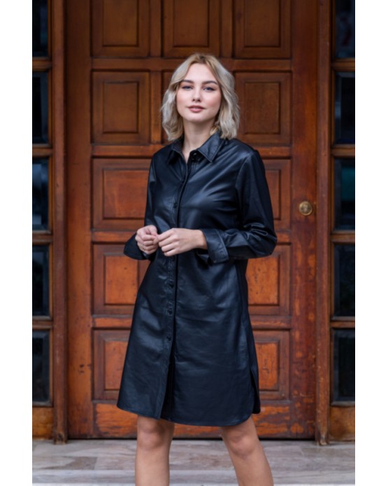 Shirtdress Γυναικείο Δερμάτινο Φόρεμα Μαύρο