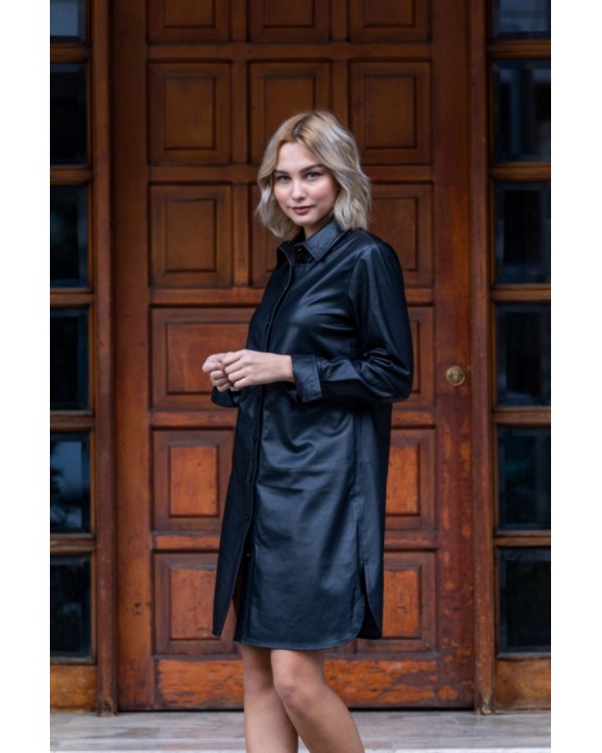 Shirtdress Γυναικείο Δερμάτινο Φόρεμα Μαύρο