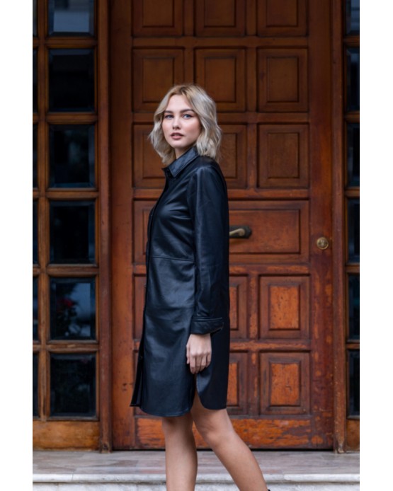 Shirtdress Γυναικείο Δερμάτινο Φόρεμα Μαύρο