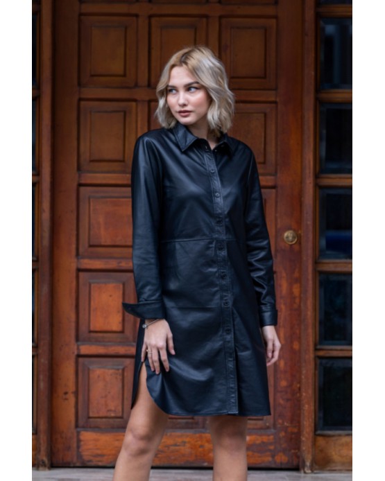 Shirtdress Γυναικείο Δερμάτινο Φόρεμα Μαύρο
